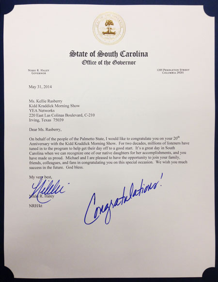 Letter from the Governor of South Carolina