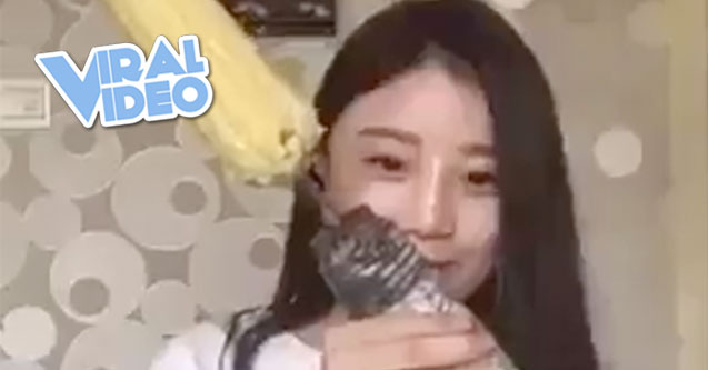 Viral Video: Asian girl eating corn with a drill fail